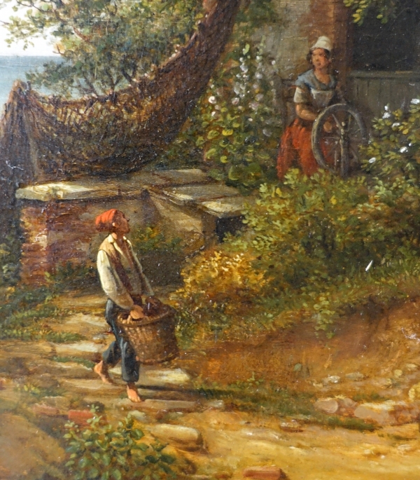 Louis Auguste Gerard : le marchand de poisson, huile sur panneau d'acajou - 63,2cm x 54cm