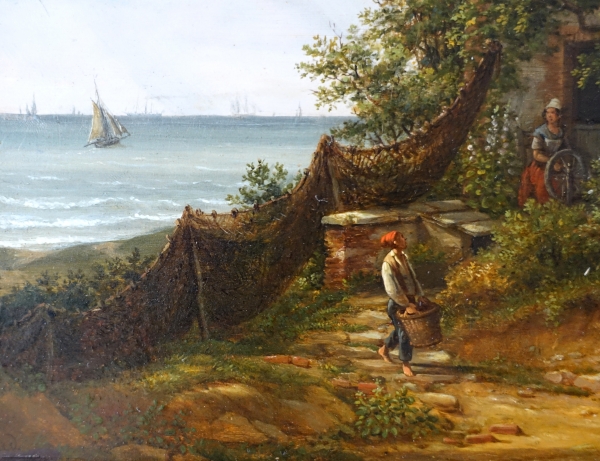 Louis Auguste Gerard : le marchand de poisson, huile sur panneau d'acajou - 63,2cm x 54cm