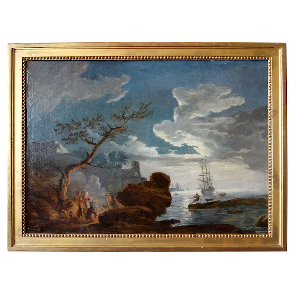 Ecole française du XVIIIe siècle : marine au crépuscule dans le goût de Lacroix de Marseille - 87cm x 65,5cm