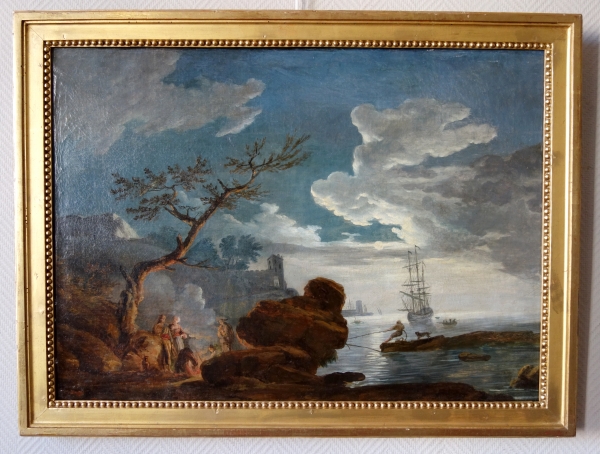 Ecole française du XVIIIe siècle : marine au crépuscule dans le goût de Lacroix de Marseille - 87cm x 65,5cm