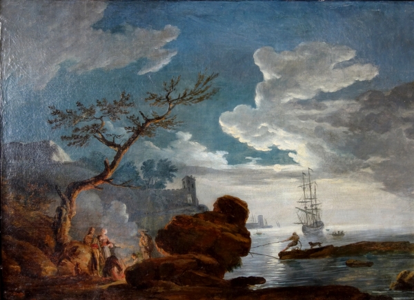 Ecole française du XVIIIe siècle : marine au crépuscule dans le goût de Lacroix de Marseille - 87cm x 65,5cm