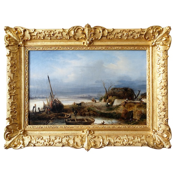 Charles Goureau : marine - le retour de pêche en Bretagne, Huile sur toile du XIXe Siècle - 68cm x 44cm