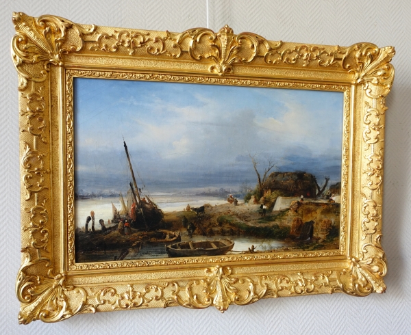 Charles Goureau : marine - le retour de pêche en Bretagne, Huile sur toile du XIXe Siècle - 68cm x 44cm