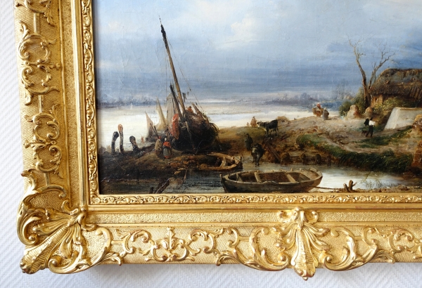 Charles Goureau : marine - le retour de pêche en Bretagne, Huile sur toile du XIXe Siècle - 68cm x 44cm