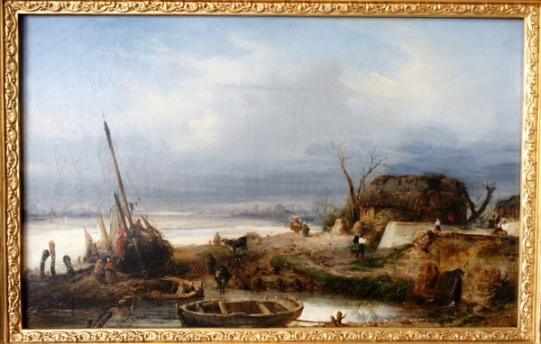 Charles Goureau : marine - le retour de pêche en Bretagne, Huile sur toile du XIXe Siècle - 68cm x 44cm