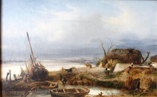 Charles Goureau : marine - back from fishing in Brittany, 19th century oil on canvas - 68cm x 44cm