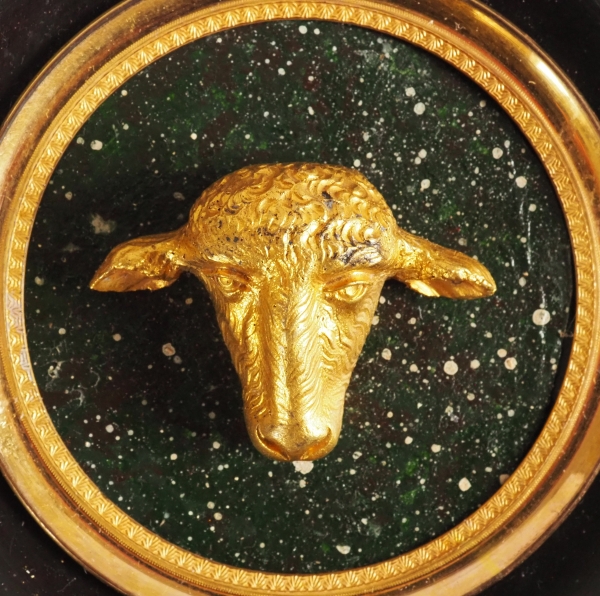 Miniature ormolu lamb head on a porphyry background, souvenir of the Grand tour