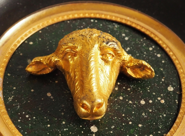 Miniature ormolu lamb head on a porphyry background, souvenir of the Grand tour