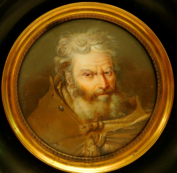 Grande miniature sur ivoire du XIXe siècle, fin portrait de mendiant Russe signée et daté 1829