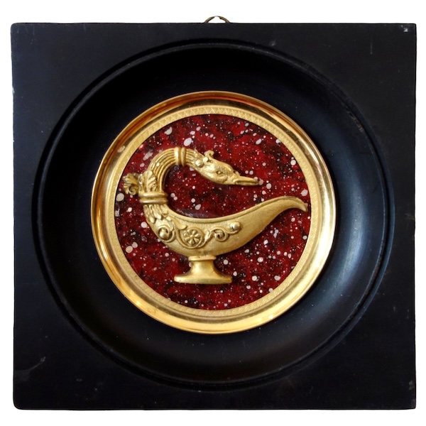 Miniature Lampe à l'antique, souvenir du Grand Tour, bronze doré au mercure sur fond porphyre