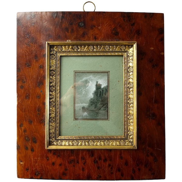 Tableau miniature - paysage italien en grisaille - gouache, début XIXe siècle