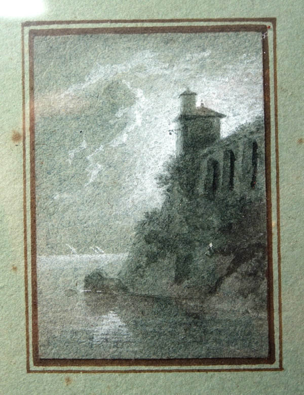 Tableau miniature - paysage italien en grisaille - gouache, début XIXe siècle