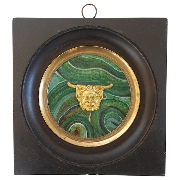 Ravrio : miniature ormolu satyr / faun mask on a malachite background, 19th century