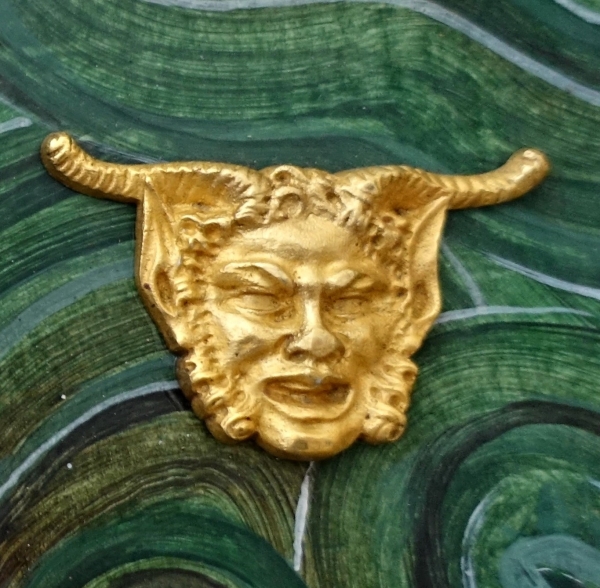 Ravrio : miniature ormolu satyr / faun mask on a malachite background, 19th century