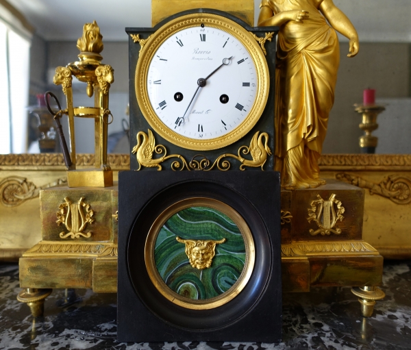 Ravrio : miniature ormolu satyr / faun mask on a malachite background, 19th century