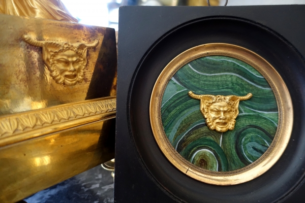 Ravrio : miniature ormolu satyr / faun mask on a malachite background, 19th century