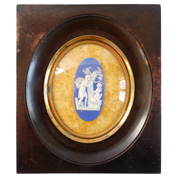 Miniature scène mythologique Wedgwood bleu sur fond faux marbre jaune - XIXe siècle