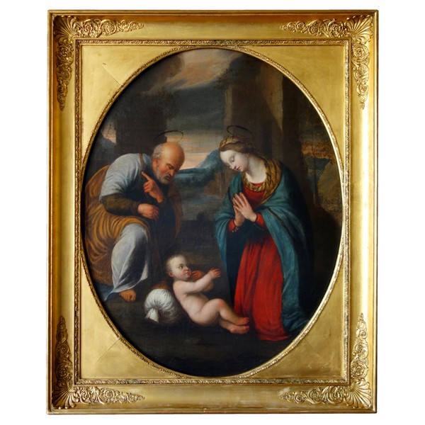 Ecole Italienne du XVIIe siècle, Sainte Famille d'après Raphael - HST 78cm x 98cm, cadre Empire