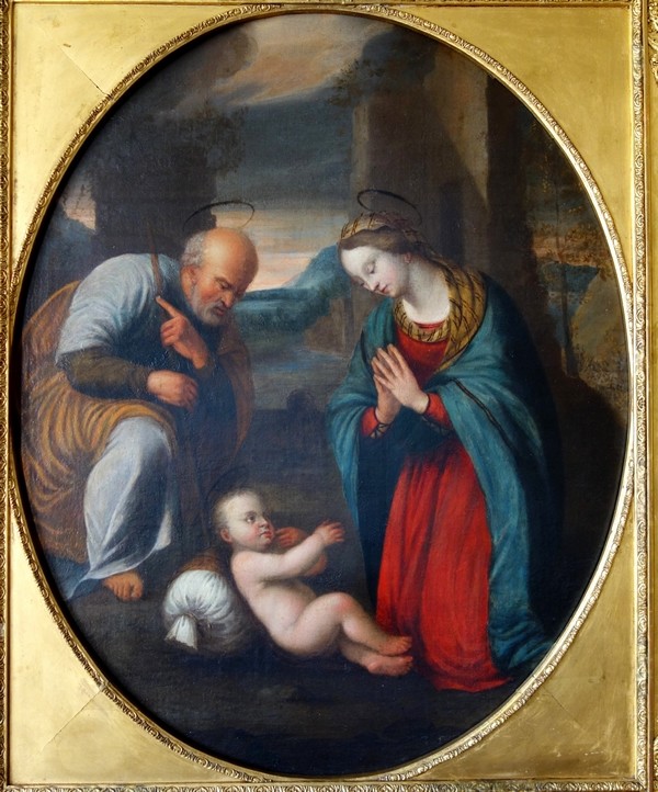 Ecole Italienne du XVIIe siècle, Sainte Famille d'après Raphael - HST 78cm x 98cm, cadre Empire