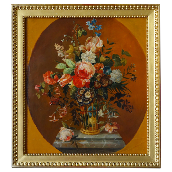 19th century French school, still life painting : flowers in a basket circa 1800 - 69cm x 63cm