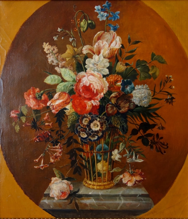 19th century French school, still life painting : flowers in a basket circa 1800 - 69cm x 63cm