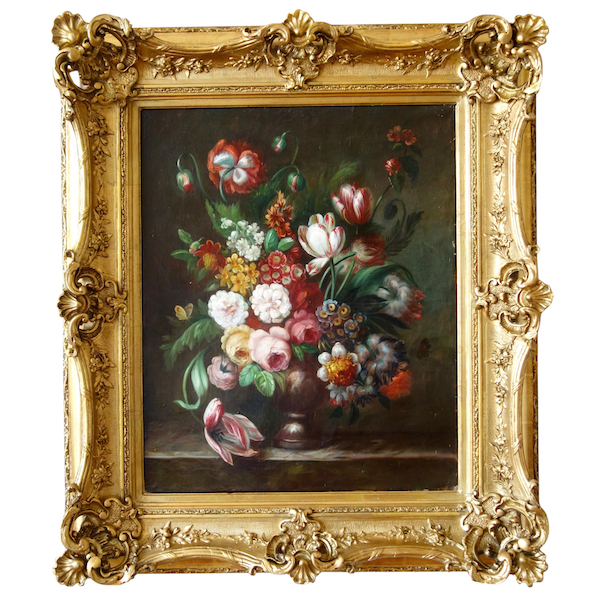 19th century French school, large oil on canvas, bouquet of flowers, Rococo gilt wood frame