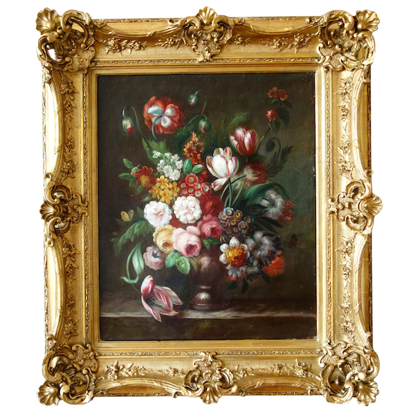 Ecole Française du XIXe siècle, grande nature morte aux fleurs, cadre rocaille 80cm x 90cm