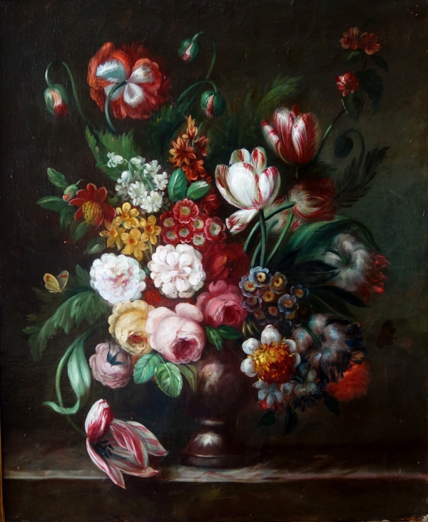 19th century French school, large oil on canvas, bouquet of flowers, Rococo gilt wood frame