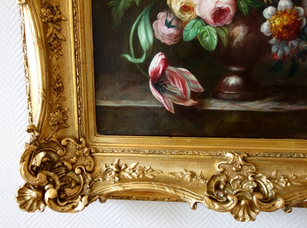 19th century French school, large oil on canvas, bouquet of flowers, Rococo gilt wood frame