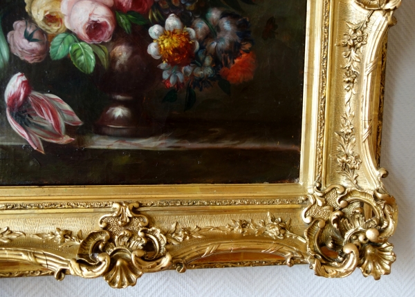 19th century French school, large oil on canvas, bouquet of flowers, Rococo gilt wood frame