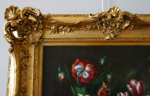 19th century French school, large oil on canvas, bouquet of flowers, Rococo gilt wood frame