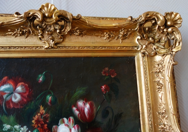 19th century French school, large oil on canvas, bouquet of flowers, Rococo gilt wood frame