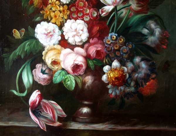 19th century French school, large oil on canvas, bouquet of flowers, Rococo gilt wood frame