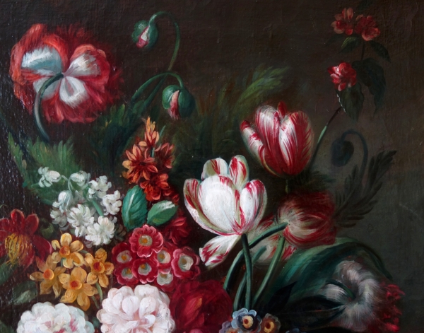 19th century French school, large oil on canvas, bouquet of flowers, Rococo gilt wood frame