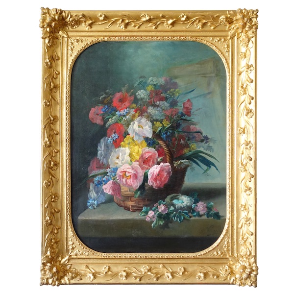 19th century French school : flowers in a basket, large oil on canvas signed Georges Viard