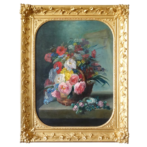 Georges Viard : panier de fleurs sur un entablement, grande huile sur toile XIXe siècle