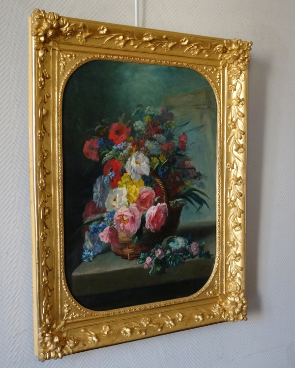 19th century French school : flowers in a basket, large oil on canvas signed Georges Viard