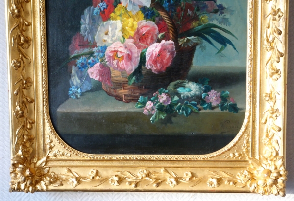 19th century French school : flowers in a basket, large oil on canvas signed Georges Viard