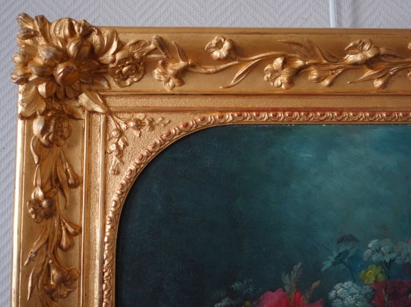 Georges Viard : panier de fleurs sur un entablement, grande huile sur toile XIXe siècle