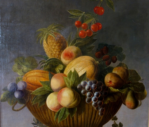 Ecole Française du XVIIIe siècle, nature morte au panier de fruits - huile sur toile 66cm x 88cm