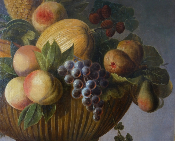 Ecole Française du XVIIIe siècle, nature morte au panier de fruits - huile sur toile 66cm x 88cm