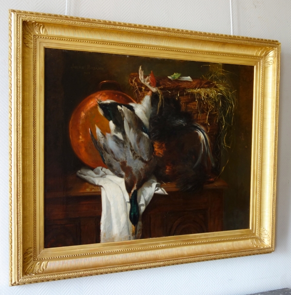 Jules Briand : grande huile sur toile retour de chasse - nature morte - huile sur toile 124cm x 106cm