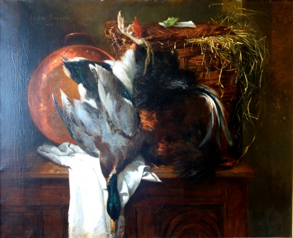 Jules Briand : grande huile sur toile retour de chasse - nature morte - huile sur toile 124cm x 106cm