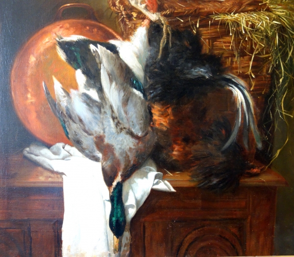 Jules Briand : still life - back from hunting - large oil on canvas 124cm x 106cm