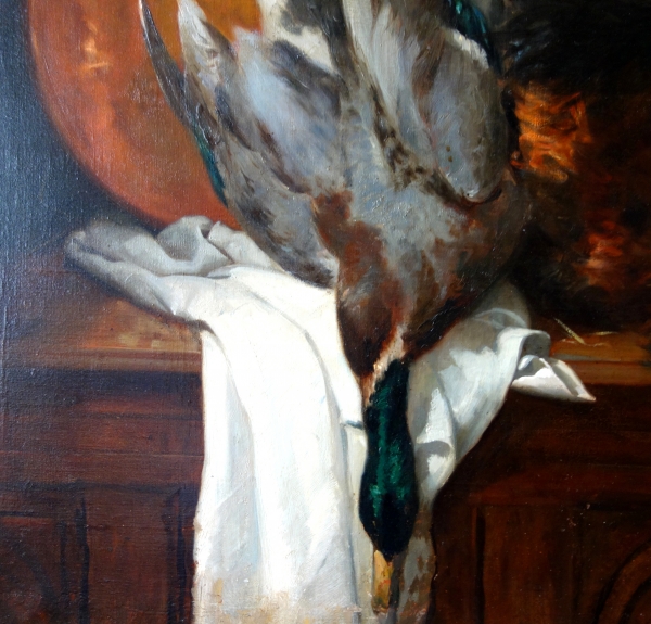 Jules Briand : still life - back from hunting - large oil on canvas 124cm x 106cm