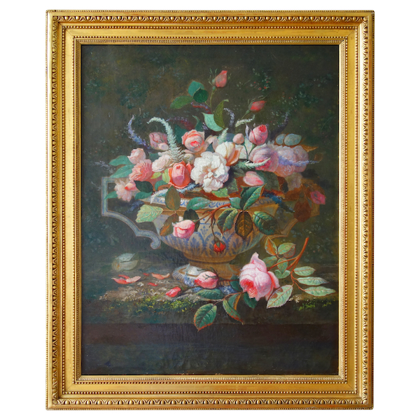 Ecole Française du XIXe siècle, grande nature morte aux fleurs, bouquet de roses 60cm x 77cm