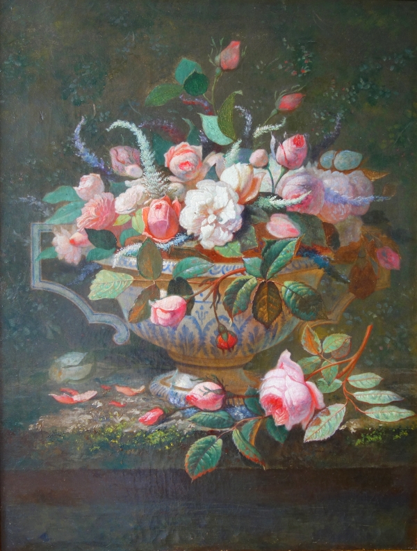 Ecole Française du XIXe siècle, grande nature morte aux fleurs, bouquet de roses 60cm x 77cm