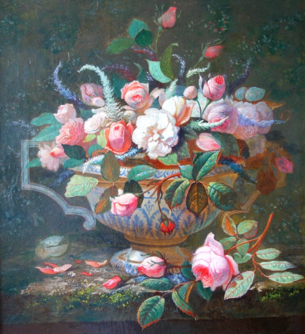 Ecole Française du XIXe siècle, grande nature morte aux fleurs, bouquet de roses 60cm x 77cm