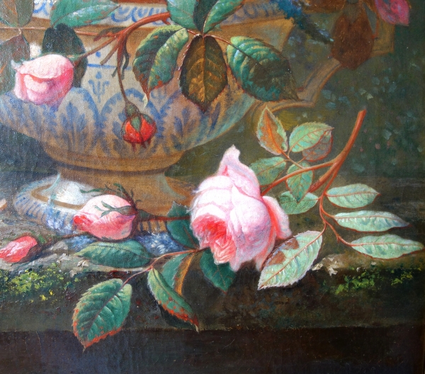 Ecole Française du XIXe siècle, grande nature morte aux fleurs, bouquet de roses 60cm x 77cm