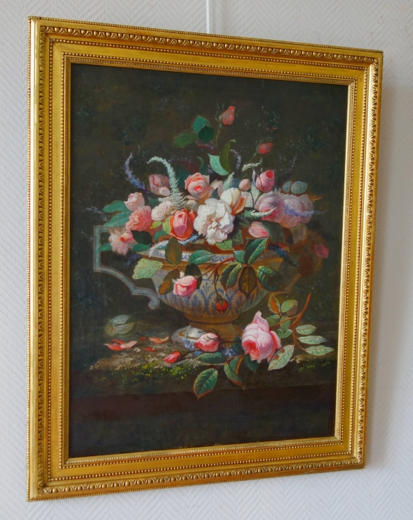 Ecole Française du XIXe siècle, grande nature morte aux fleurs, bouquet de roses 60cm x 77cm